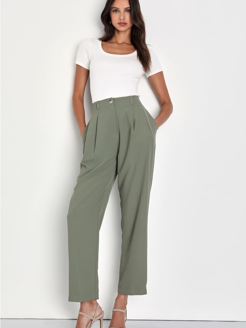Lulus Sophisticated Company Sage Green Straight Leg Trouser Pants Sz M